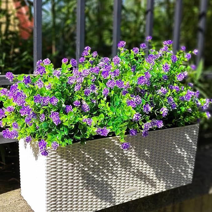 Grunyia 12 Bundles Artificial Flowers for Outdoors, UV Resistant Fake Flowers with Plastic Plants, Faux Flowers for Outside Window Box Front Porch Hanging Planter Decor (Purple)