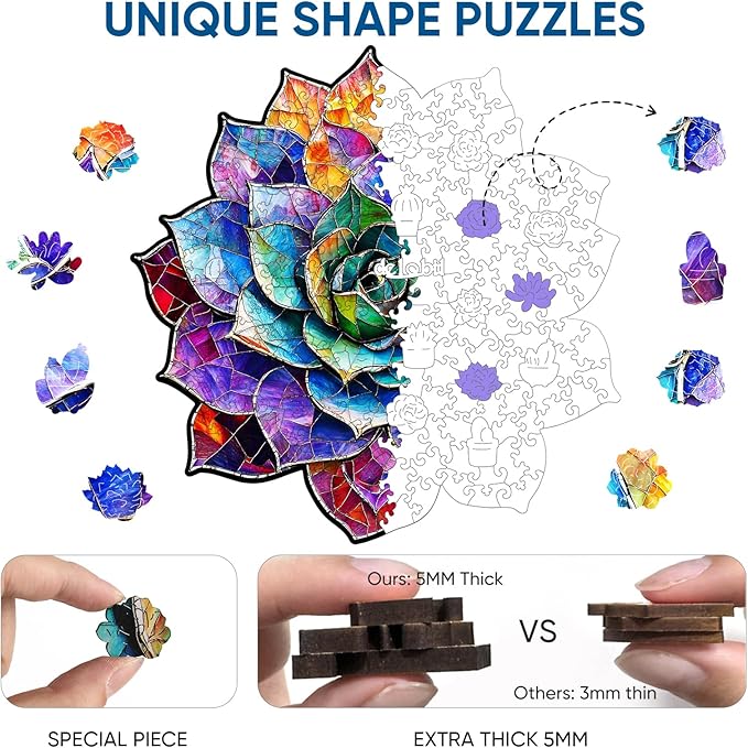Delobil Stained Glass Succulent Wooden Puzzles for Adults, 200 Pieces Mandala Jigsaw Puzzles, Unique Shaped Medium Size Wood Puzzle Gift for Kids, Family Game 11.2'' x 11.4''
