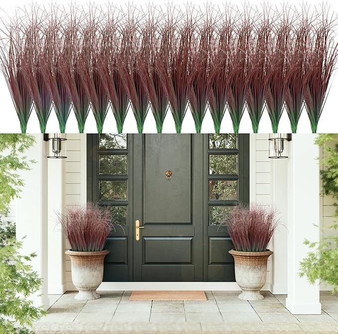 LUZOGA 48Pcs Artificial Grass Plants, Faux Shrubs Wheat Grass, Artificial Tall Grasses Fake Plants for Outdoor Decor,Artificial Greenery Stems Weed for Room Indoor Home Decor（Red）