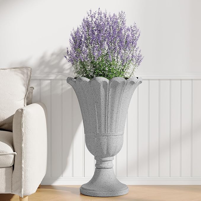 seethmi 23" Tall Planters for Outdoor Plants Set of 2, Planter with Drainage Holes and Petal Design, Large Outdoor Planters for Porch, Garden, Indoor, Grey