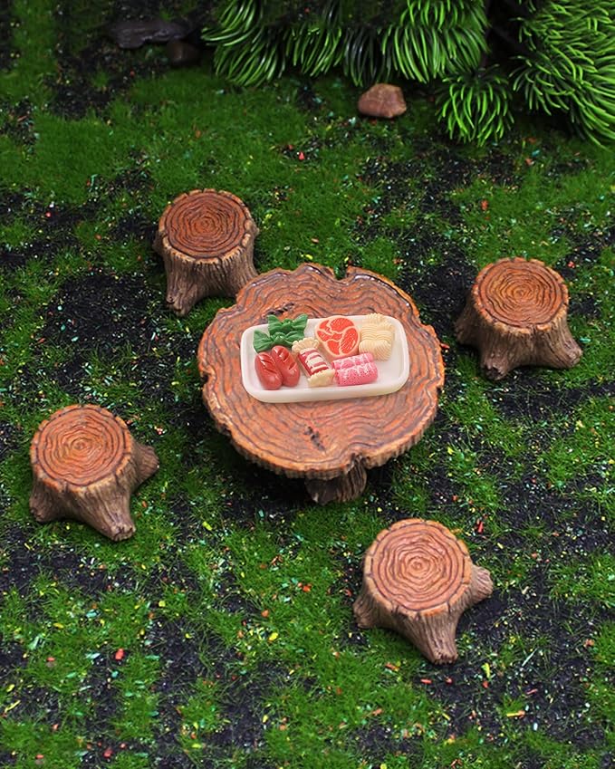 Inkaove Miniature Garden Furniture Resin Table Chairs Figurines, Fairy Garden Accessories Furniture Outdoor Stumps Ornaments Kit, Micro Landscape Garden Ornament for Outdoor Indoor Landscape Decor