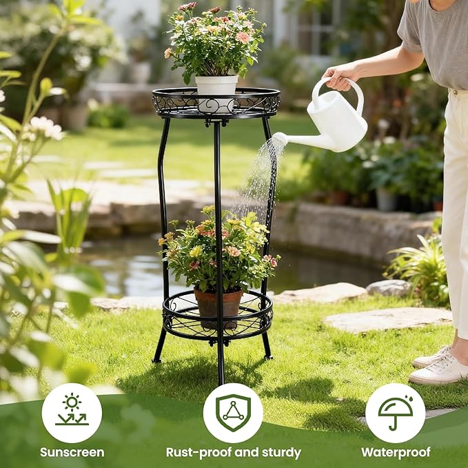 Decivems 2 Tier Tall Plant Stand Indoor Outdoor, 27in Corner Metal Wrought Iron Large Tiered Plant Shelf Holder Flower Pot Display Stands for Garden Patio (Black)