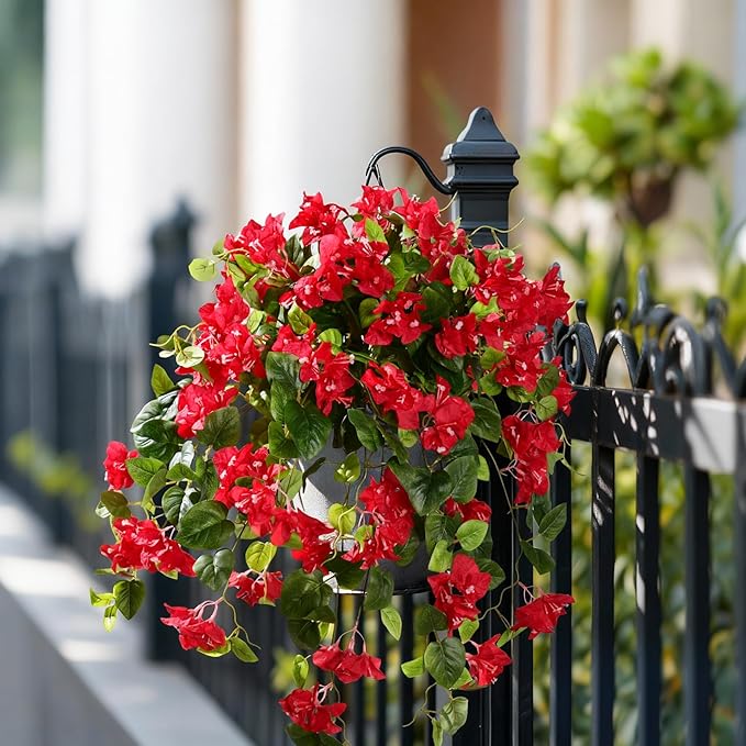 Bougainvillea Artificial Hanging Flowers for Outdoor 3 Pcs Faux Bougainvillea Flowers Fake Hanging Plants Silk Flowers Long Trailing Vines for Front Door Porch Planter Patio Balcony (Red)