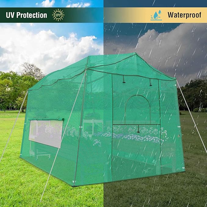 8.5 x 7 x 7 FT Walk-in Greenhouse, Portable Pop-up Greenhouse for Indoor Outdoor, Plant Garden Green House with Zippered Doors, Screen Windows, Heavy Duty Frame and Durable PE Cover