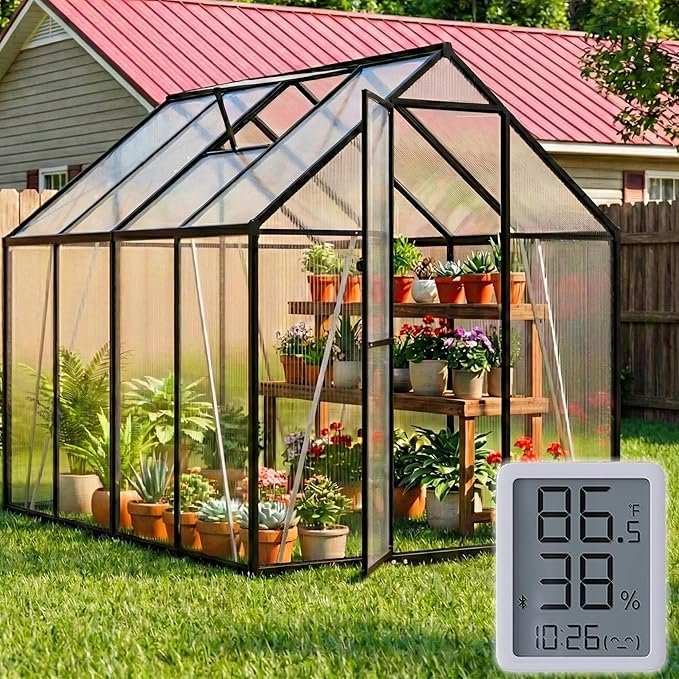6X7.5 FT Polycarbonate Greenhouse, Walk-in Green House for Outside with Electronic Hygrometer, Reinforced Aluminum Frame Greenhouses, Heavy Duty Garden, Patio, Backyard Flower Planting