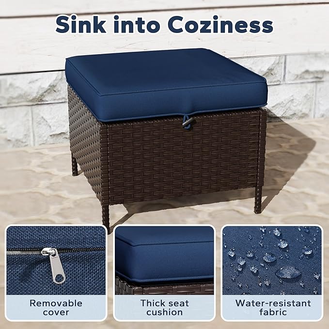 Outdoor Chairs Set with Ottomans, 4 PCS Patio Conversation Furniture Set with Removable Cushions, All-Weather Wicker Furniture for Porch, Backyard, Deck, Sunroom (Navy Blue)