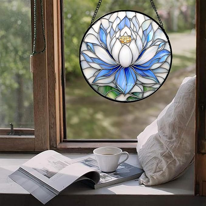 HWRHTR Stained Glass Window Hanging - Blue and White Lotus Petal Suncatcher for Doors Window Home Sun Catchers Decor Christmas Mother's Day July Birthday Gifts for Teacher Women Men Mom Nana 7.8 in