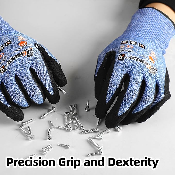 Schwer 6 Pairs ANSI A4 Cut Resistant Work Gloves with Extreme Lightweight & Thin, Sandy Nitrile Touchscreen Safety Working Gloves with Grip, 3D-Comfort Fit, Flexible and Breathable, L, AR3900