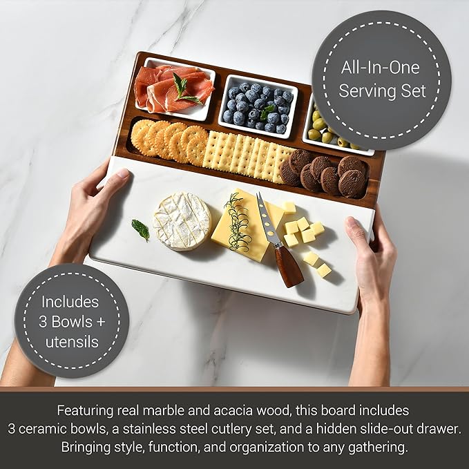 Shanik Wood - Marble Cheese Board Set with 3 Ceramic Bowls - Stainless Steel Cutlery Set, Charcuterie Board & Gift for Any Occasion (with Engraving)