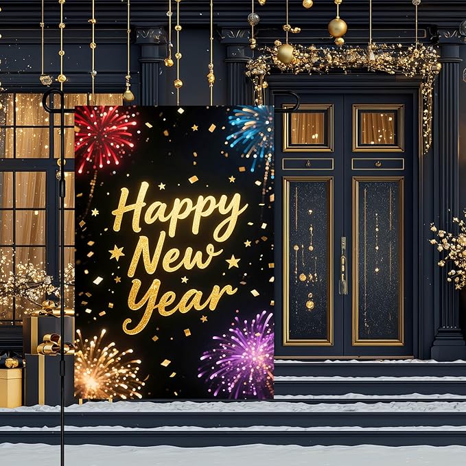 Happy New Year Garden Flag 12x18 Inch Double Sided Celebration Flag Banner Outdoor Yard Decoration for Home Lawn Porch House Seasonal Holiday Welcome Garden Flags