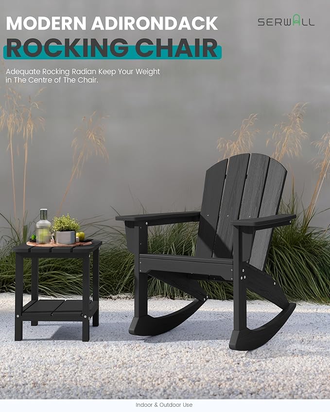 SERWALL Outdoor Adirondack Rocking Chairs Set of 4, All-Weather HDPE Adirondack Rocker Chair, Front Porch Rocker Chairs for Patio Lawn Porch Deck, Black