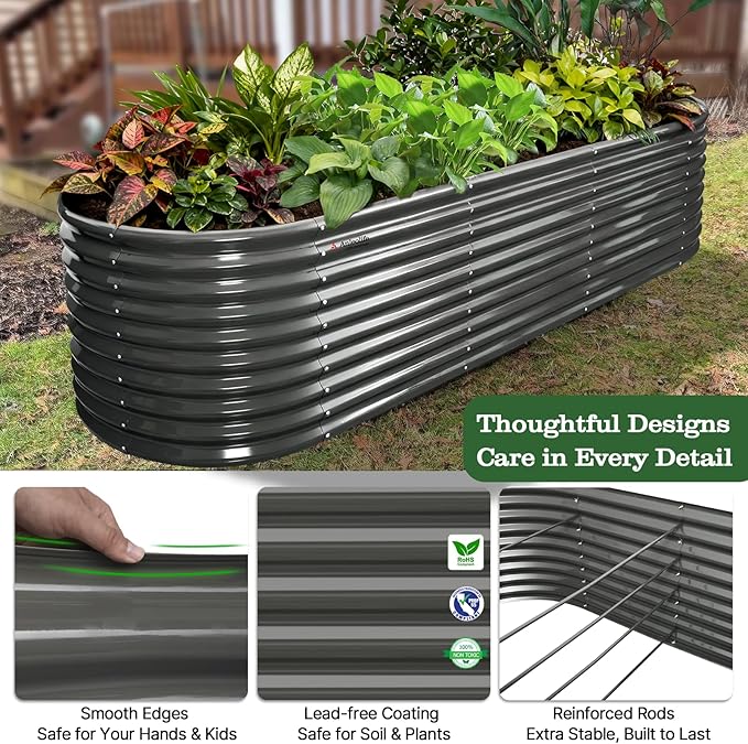 A ANLEOLIFE 30" Extra Tall Galvanized Raised Garden Beds Outdoor, 10x3x2.5ft Large Oval Metal Planter Boxes for Planting Vegetables, Flowers, Fruits, Eco-Safe & Easy Setup, Quartz Grey