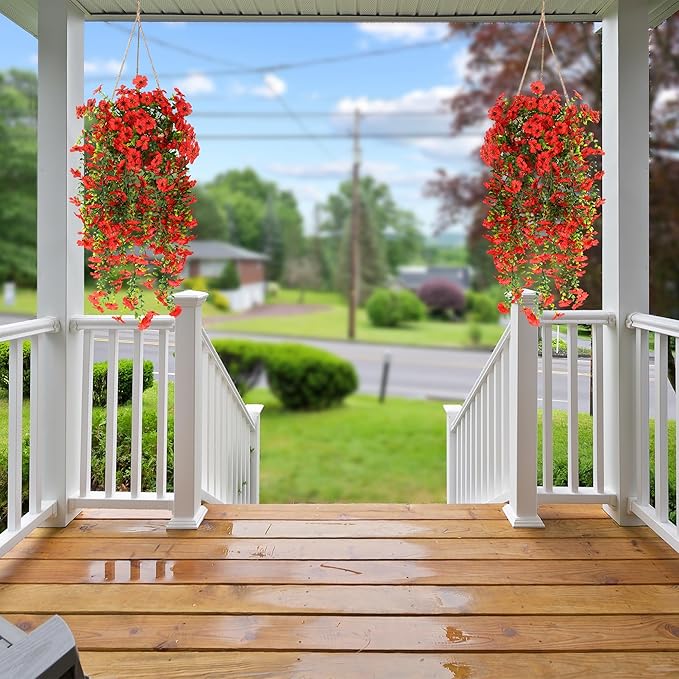 Sggvecsy Artificial Fake Hanging Flowers Plants for Outdoor Outside Spring Summer Decoration 2PCS Faux Silk UV Resistant Realistic Mums Daisy with Eucalyptus for Home Porch Patio Balcony(Red)