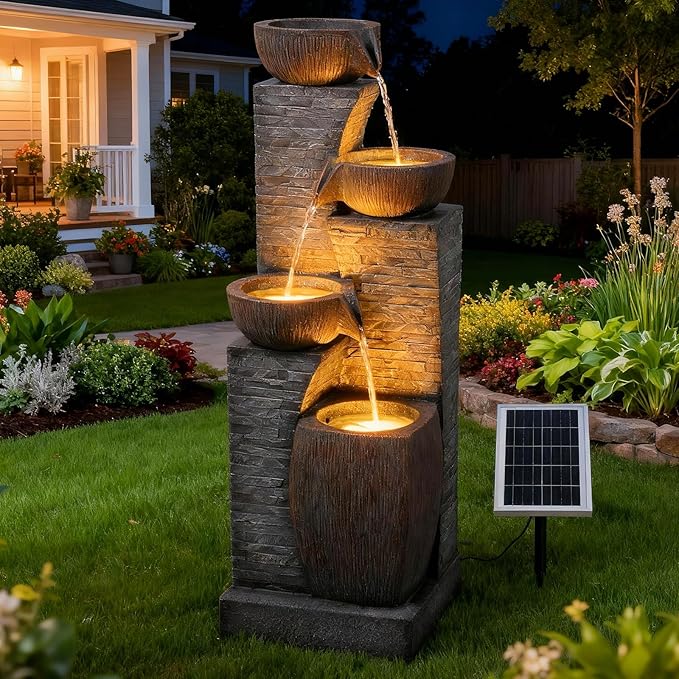 Solar Water Fountain Outdoor Garden, 38.2" Tall Stone Texture Modern Outdoor Fountain with 4 Tiers Cascading Bowls and Pump Solar Panel for Patio, Deck, Porch, Backyard Home Decor