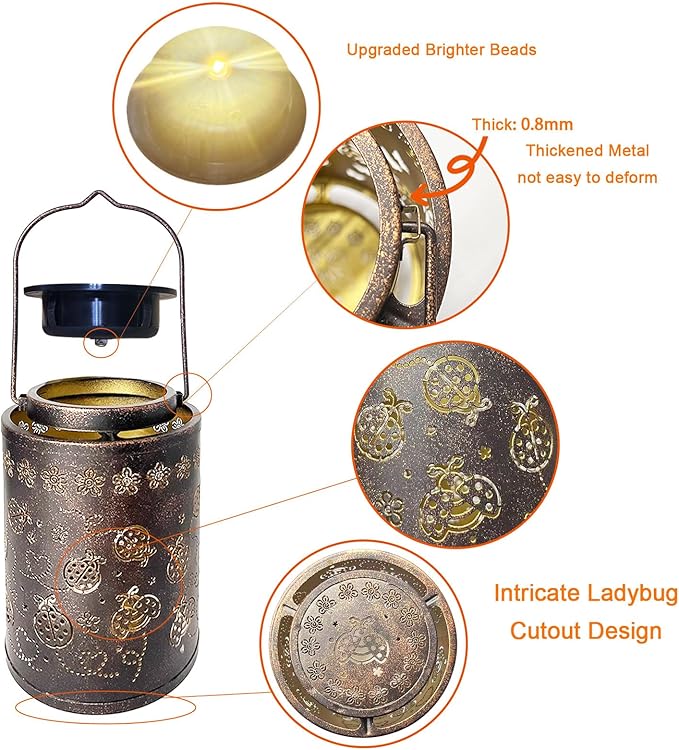 Upgraded Ladybug Solar Lanterns Outdoor Waterproof Hanging Metal Lanterns for Garden, Yard, Patio & Porch, Lucky Ladybug Birthday & Romantic Gifts for Women, Mom, Grandma