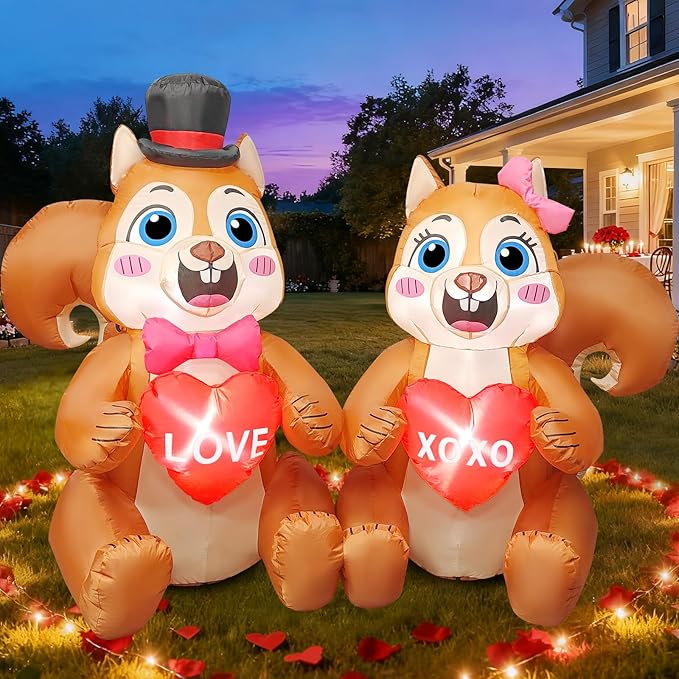 Valentines Day Inflatables Outdoor Decorations 5.6FT Long Squirrel Hold Love Valentines Blow Up Yard Decorations Spring Inflatable Built-in LED Lights Outside Holiday Party Garden Lawn Decor