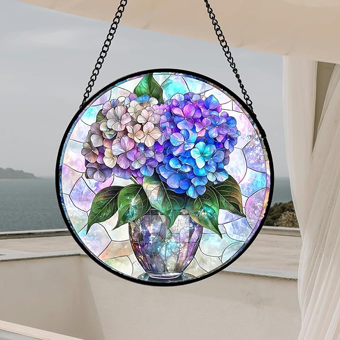 HWRHTR Stained Glass Window Hanging, Blue Purple Hydrangea Flowerpot Suncatcher for Doors Home Sun Catchers Decoration and Christmas, Mother's Day Birthday Gifts for Women, Men, and Mom 7.8 in