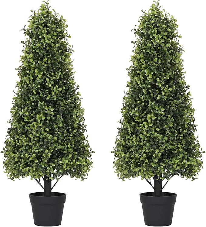 Azoco 3ft Artificial Boxwood Topiary Trees (Set of 2) - UV Resistant Faux Plants Outdoor, Realistic 36in Fake Cone Bushes and Shrubs for Front Porch, Planter, Patio - Low Maintenance & Evergreen