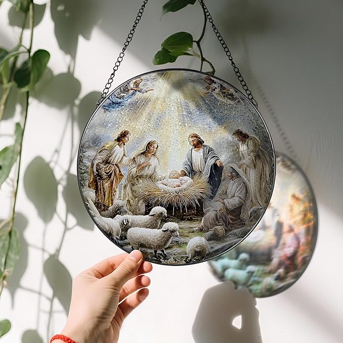 Stained Glass Suncatcher, Nativity Sun Catcher Ornament; Stained Glass Window Hanging, Christmas Ornament, Christian Home Decor; Gifts for Christmas, Christian Gift, Religious Gift