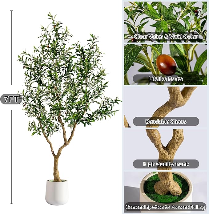 Erimda 7FT Faux Olive Tree with Tall Exquisite Planter Artificial Olive Tree Tall, Potted Fake Olive Plant with 1710 Real Touch Leaves, Indoor Outdoor Home Garden Office Decor