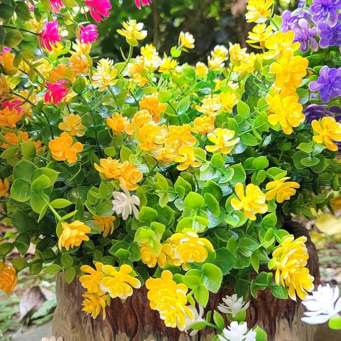 Grunyia 12 Bundles Artificial Flowers for Outdoors, UV Resistant Fake Flowers with Plastic Plants, Faux Flowers for Outside Window Box Front Porch Hanging Planter Decor (Yellow)