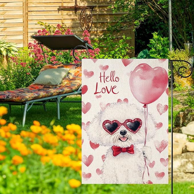 Valentine's Day Bichon Frise Hello Love Garden Flag, House Yard Plaid Love Heart Outside Decoration, Spring Holiday Wedding Anniversary Outdoor Small Decor 12x18(12621)