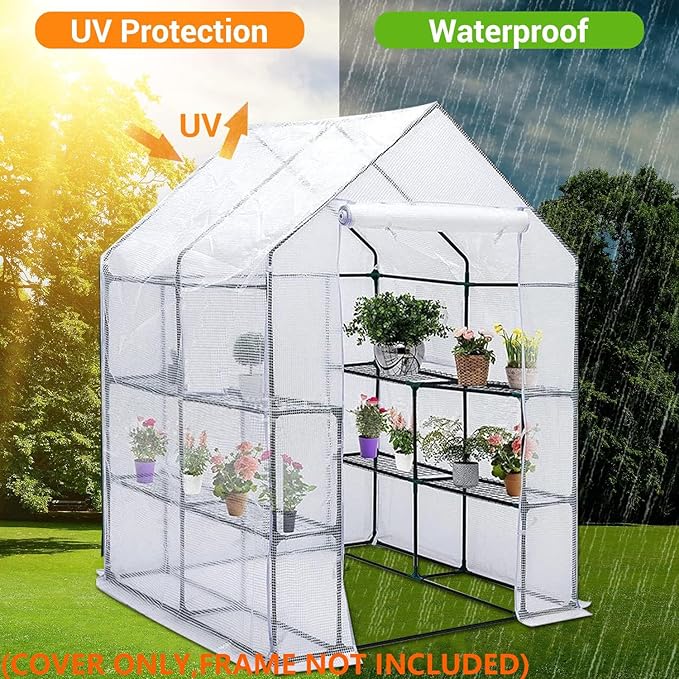 Greenhouse Replacement Cover, 56×56×76 Inches PE Walk-in Greenhouse Cover for Gardening Plants w/Roll-Up Zipper Door, Waterproof Frost Protection Wind Rain Proof, Easy Assembly (No Frames Include)