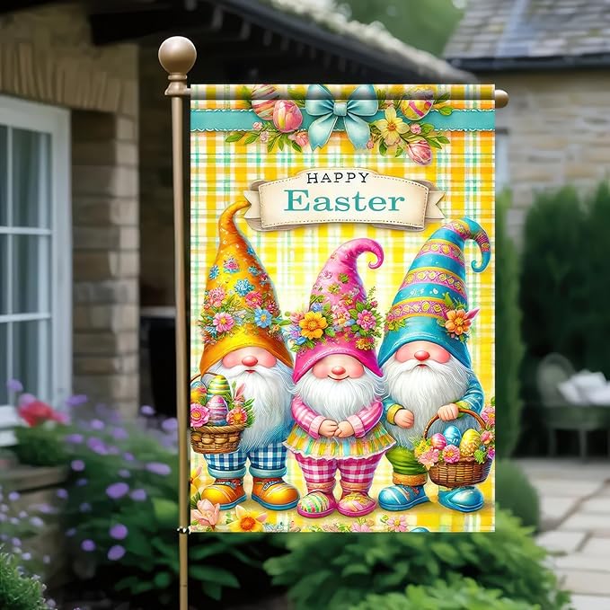 Happy Easter Garden Flag 12 x 18 inch Double Sided Outdoor Decoration Flag Cute Gnome Yard Flag Farmhouse Small Yard Flag Holiday Garden Outdoor Flags Welcome Yard