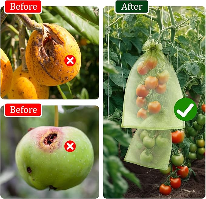 50 PCS 6X9 inches Fruit Protection Bags, Fruit Bags for Fruit Trees, Green Netting Fruit Cover Bags Drawstring Mesh Fruit Protectors Pest Barrier for Fruit Trees Veggies Garden