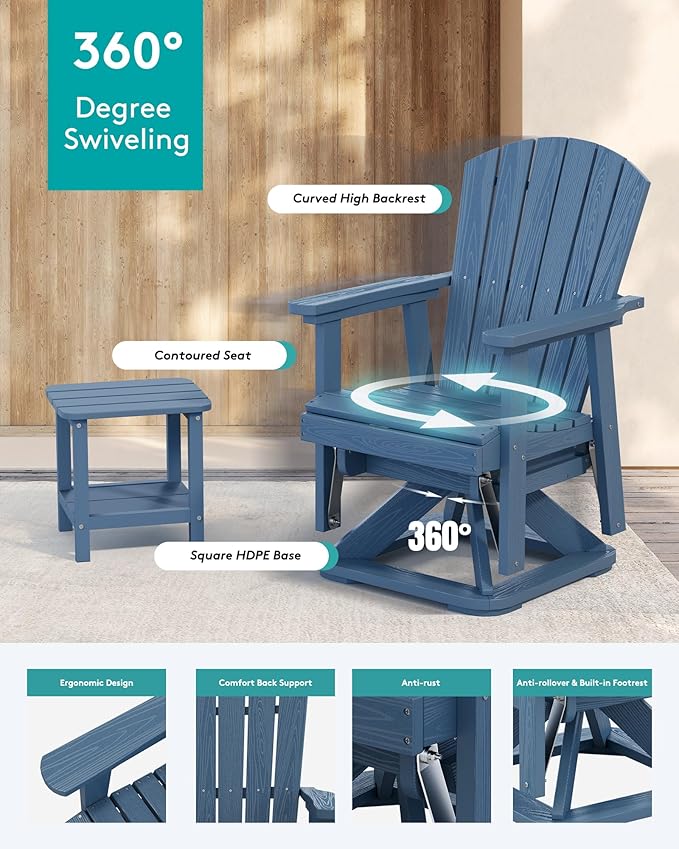 SERWALL Adirondack Swivel Glider Chair, HDPE Patio Glider for Outdoor, All-Weather Glider Chair for Porch, Balcony, Navy Blue
