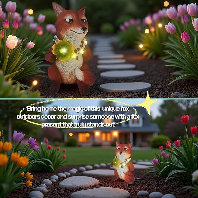 Solar Fox Garden Statue Nick Inspired 12 Inch, Resin Red Fox Figurine Led Outdoor Decor w/ Four-leaf Clover Light, Collectible Garden Guardian Yard Patio Ornaments for Spring St.Pactrick's Mom Gifts