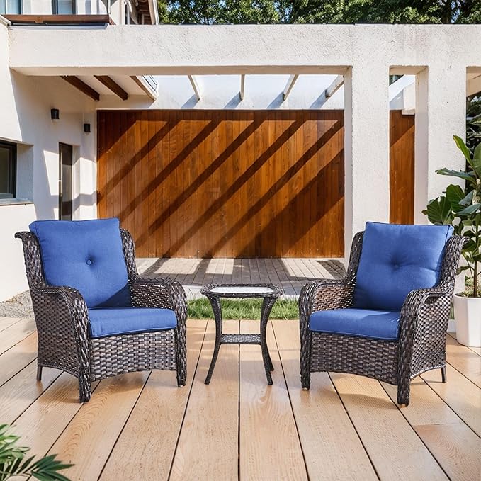 Belord High Back Patio Chairs Set of 2 - Brown Wicker Chairs Outdoor Seating, 4" Wide Armrests Rattan Outdoor Club Chair with Blue Removable Cushion for Deck Porch Backyard