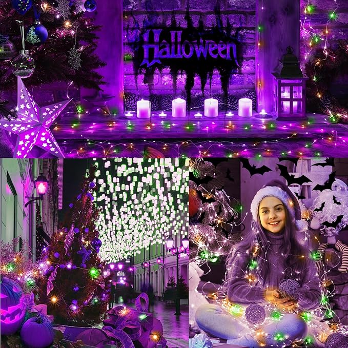 LAMPHOME Halloween Fairy Lights Plug in, 33Ft 100 LEDs Waterproof Twinkle Firefly Lights, Adaptor Included, Starry String Lights for Wedding Indoor Outdoor Christmas Patio Garden, Orange Purple Green