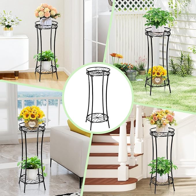 Azysow Plant Stand Indoor Outdoor 2 Tier 29" Tall Metal Heavy Duty Rustproof Plant Shelf, Round Multi Tier Flower Pot Holder for Garden Patio Balcony, Black (Black set of 2)