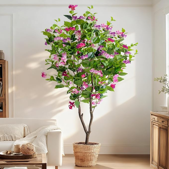 6FT Artificial Bougainvillea Tree Artificial Tree Tall Potted Fake Bougainvillea Trees for Outdoor Indoor Lifelike Potted Faux Plants with Wood Trunk and Flowers Office Wedding Home Decor
