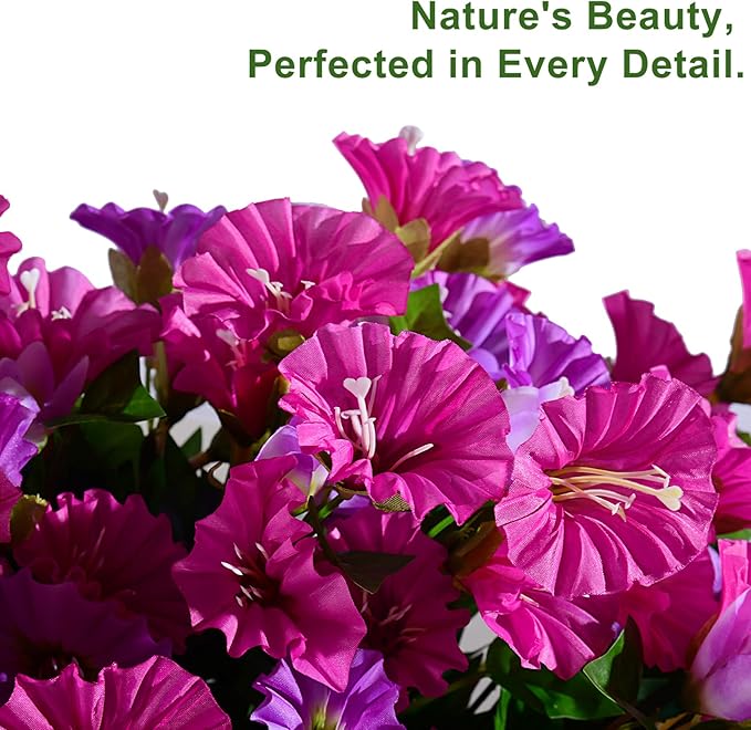 Artificial Morning Glory Flowers Plants for Outdoor 8 Pcs Faux Silk Petunias Flower Realistic Faux Flowers Plants for Outside Planter Porch Yard Patio Balcony Home Indoor Decor (8 Pcs Fuchsia+Purple)