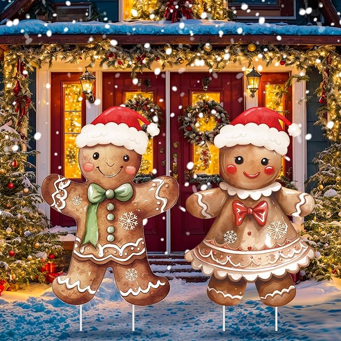 Nuanchu 2 Pcs Metal Gingerbread Yard Signs Christmas Yard Sign Stake 26.0 Inches Waterproof Gingerbread Boy and Girl Lawn Signs Christmas Outdoor Decorations for Outside Xmas Garden Holiday Decor