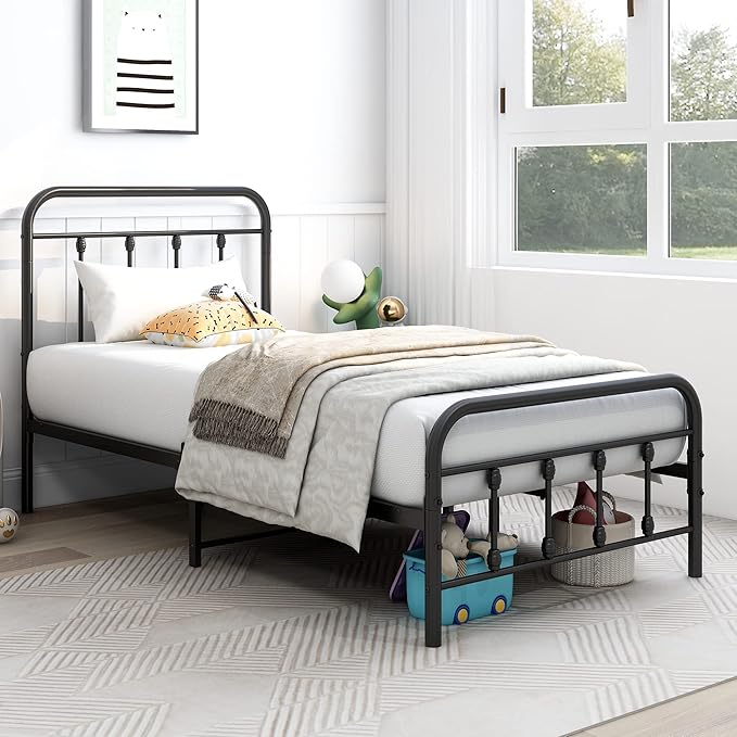 DUMEE Metal Twin Bed Frames with Vintage Headboard and Footboard Sturdy Premium Steel Slat Support No Box Spring Needed, Textured Black