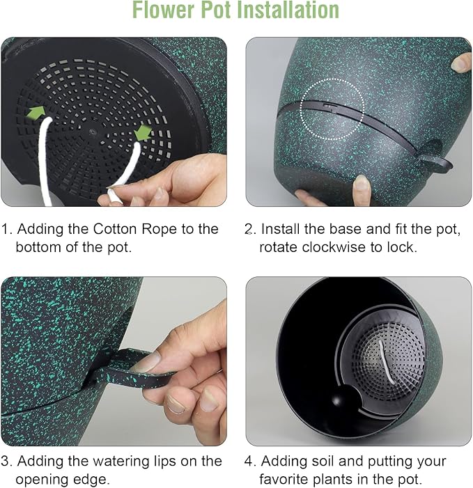 Meowell 12 inch Large Self Watering Pots for Indoor Outdoor Plants, Flower Plant Pots with Mesh Drainage Holes for Garden House Plants, Plastic Planters for Home, Black with Green Speckles