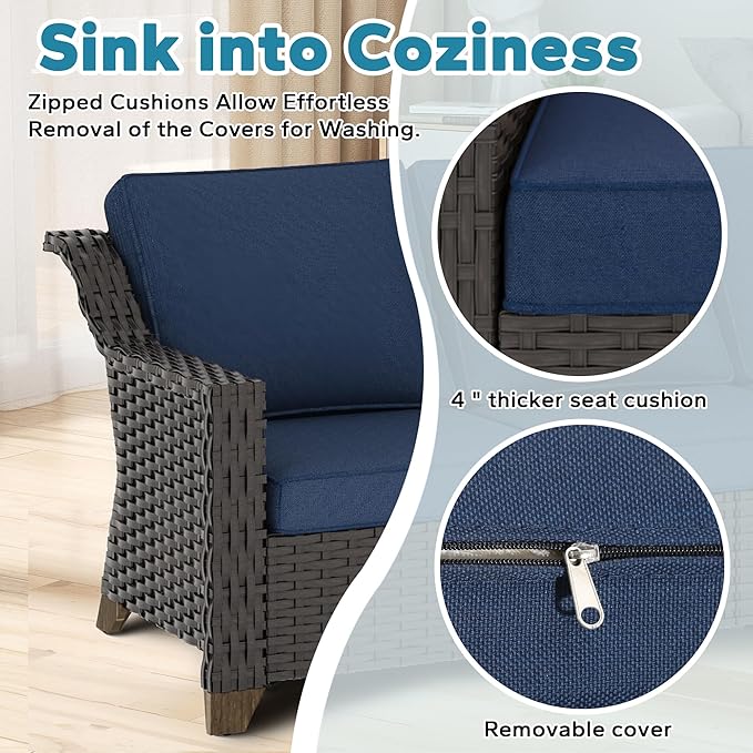 5 Pieces Patio Conversation Furniture Set - 1 Sofa, 4 Armchairs, Outdoor Wicker Furniture with Removable Cushions for Porch, Balcony, Sunroom (Blue)