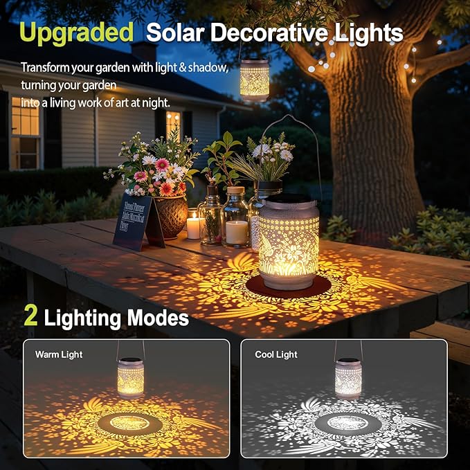 KOOPER Solar Lanterns Outdoor Waterproof Birthday Gifts for Women Mon Grandma, 2 Pack Upgraded Hummingbird Hanging Solar Lantern Lights Outdoor, Metal Outdoor Decoration for Yard, Porch (Sunflower)