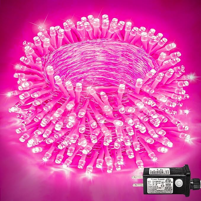 132 FT 400 LED Pink String Lights Indoor, Pink Valentines Day Lights with 8 Modes Clear Wire Waterproof, Plug in Fairy Lights for Bedroom Valentines Day Wedding Holiday Party Tree Decorations
