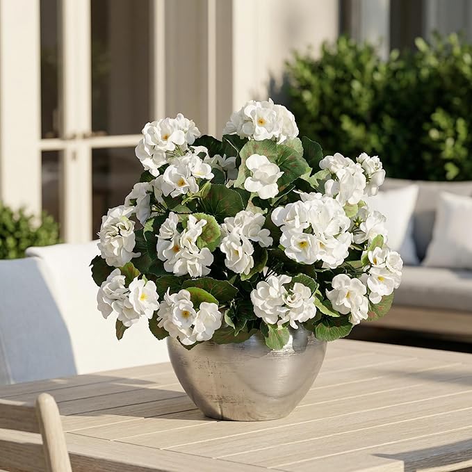 Uqueeten 4pcs Fake Flower Artificial Geranium,Artificial Flowers for Outdoors, White Geraniums Artificial Flowers Realistic,Artificial Geraniums for Outdoors Fake Plant Decoration14.4 (White)