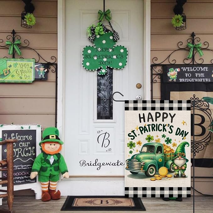 Happy St Patricks Day Garden Flag 12x18 Inch Double Sided Shamrocks Gnome Truck Buffalo Plaid Outside Small Flag for Yard Outdoor Holiday Decoration