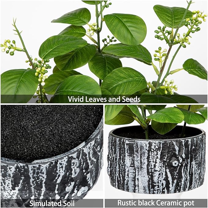 GnFlus Artificial Plants Decor Greenery Fake Ficus Leaf Indoor Potted 14" Fake Plant with Seeds in Rustic Black Ceramic Planter for Farmhouse Room Bathroom Bedroom Kitchen Office Table Desk Decor