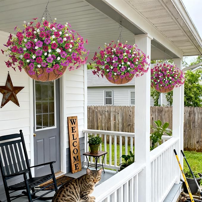 Artificial Fake Flowers Basket for Spring Outdoor Decor, Faux Mums Floral Hanging Plant for Summer Outside Decor, Silk Daisy with Eucalyptus Leaves for Home Patio Garden