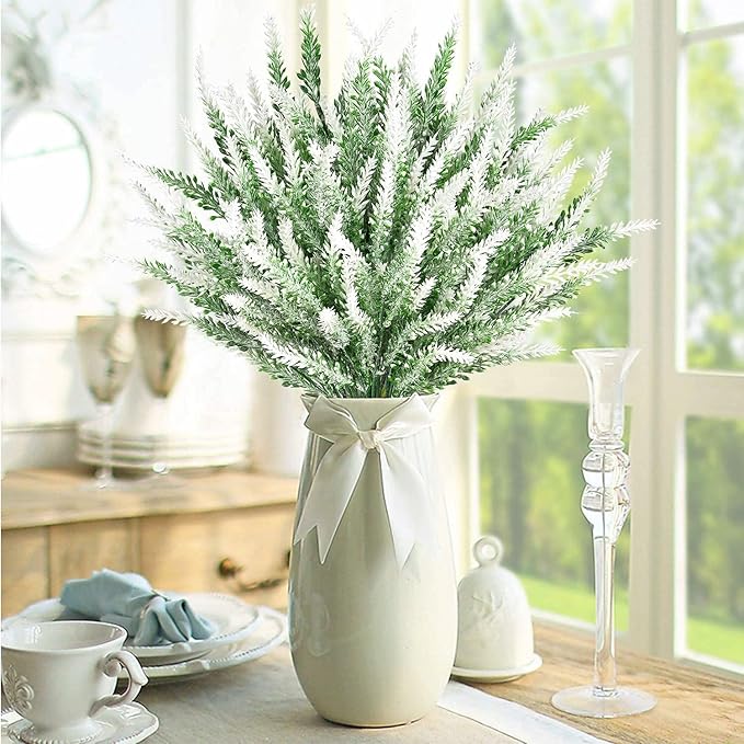 PASYOU Artificial Lavender Flowers, Plastic Plants Fake Simulation Flower Wedding Indoor Outdoor Bridal Bouquet Home Garden Balcony Patio Planter Filler DIY Arrangement Decoration - White 6 Pcs