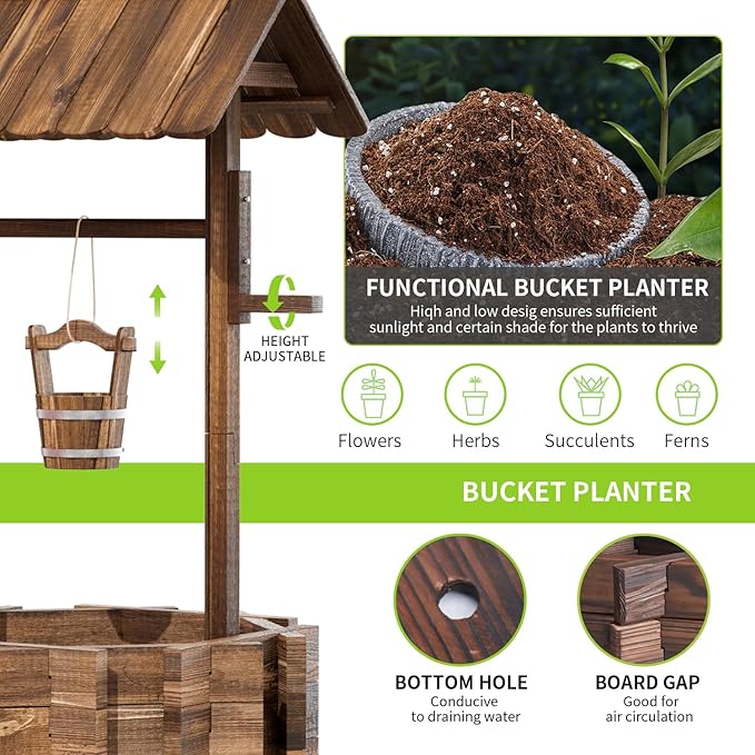 Aoxun Wooden Wishing Well Planters with Hanging Bucket, Garden Helper, Rustic Garden Decor for Outside, Yard, and Patio, Upgrade Reinforced Base, Brown