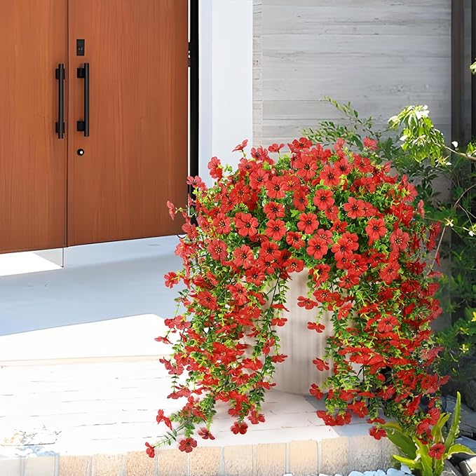 Artificial Hanging Flowers Plants for Outdoor Spring Summer Decoration, 2PCS Faux Silk Daisy UV Resistant Look Real for Outside Home Indoor Planter Porch Garden Yard Decor(Red)