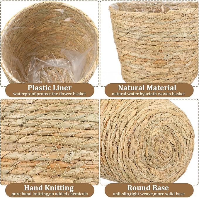 6 Pcs Seagrass Plant Basket with Plastic Liners Woven Stylish Planter Baskets Bulk Indoor Outdoor Plants Woven Wicker Baskets for Flower Pots Cover and Room Decor Small (Small,Rustic)
